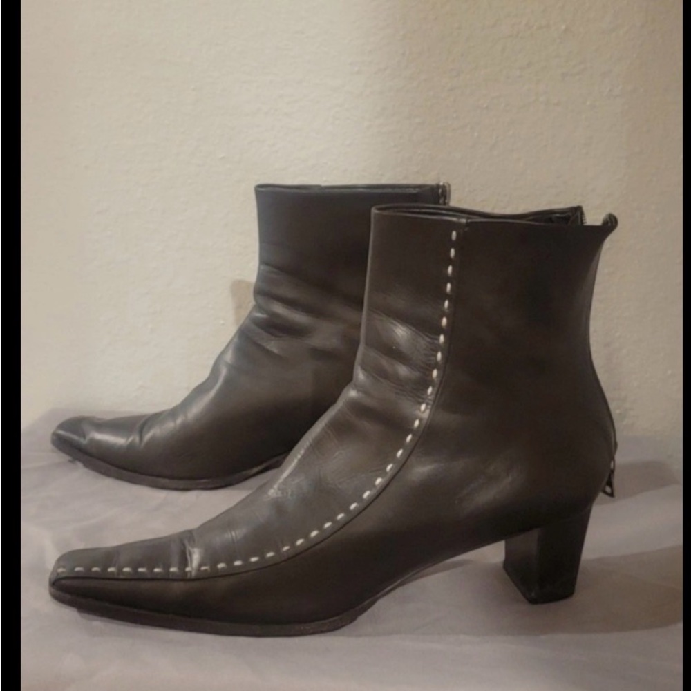 Prada Black Leather Pointed Toe Ankle Booties with White Contrast Stitching